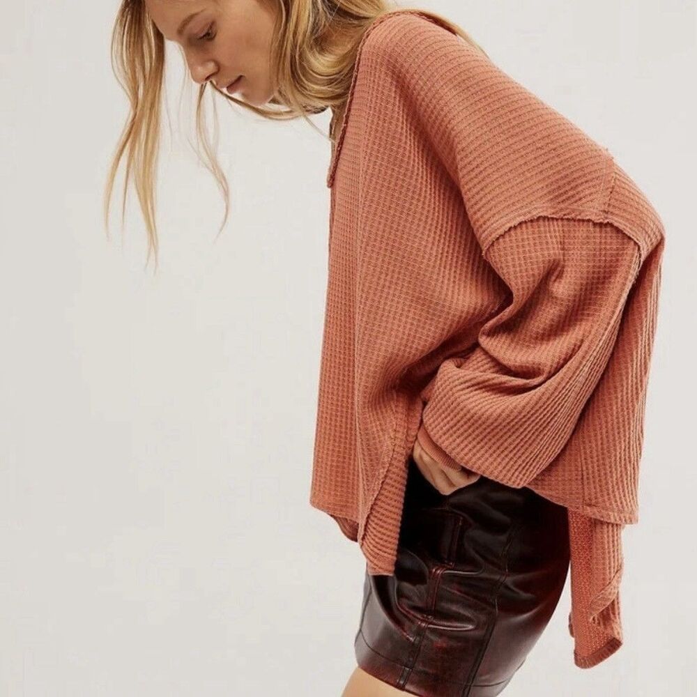 We The Free People Coraline Thermal Tunic Large V Neck Coral Oversized Pullover